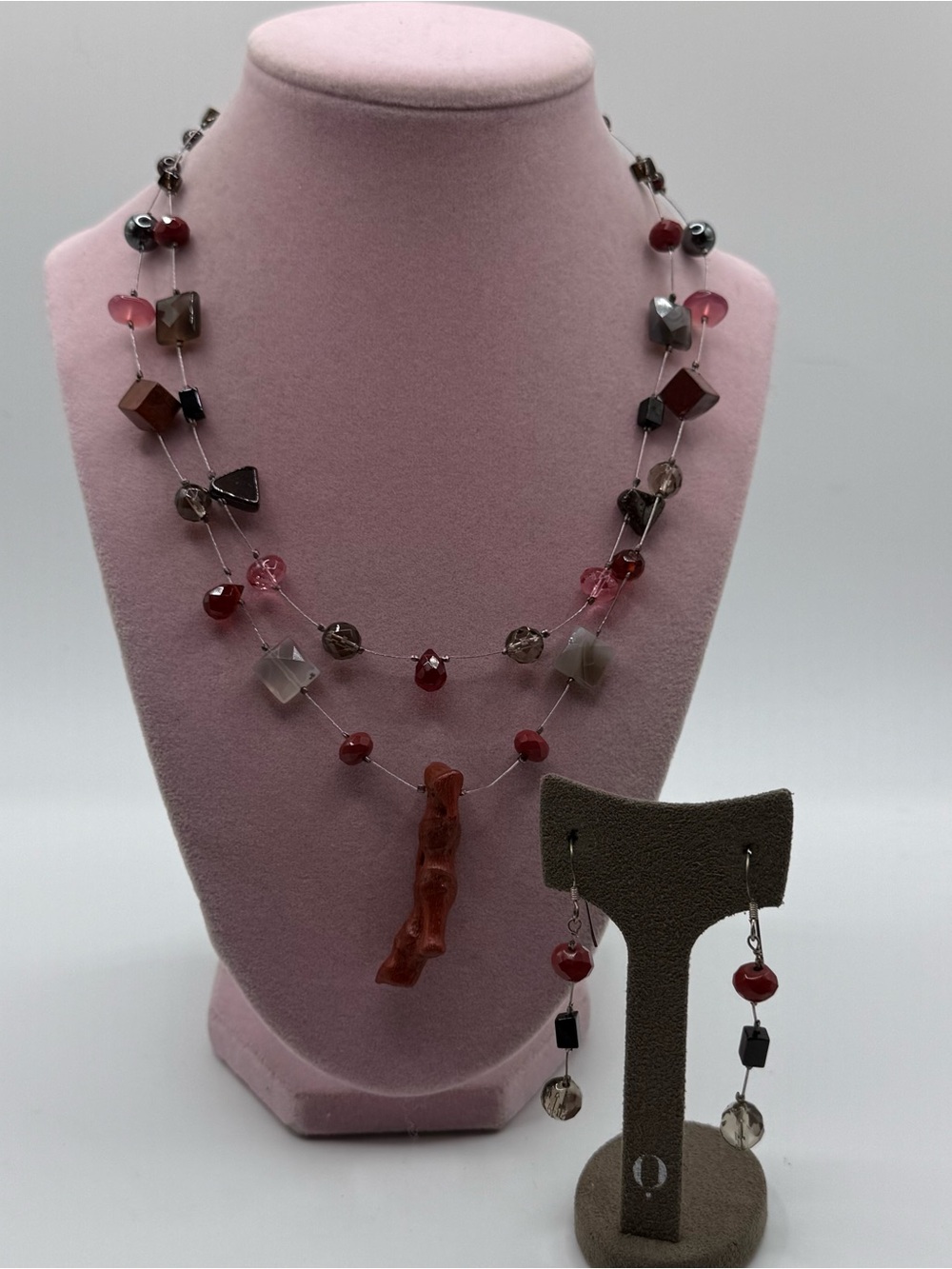 Sterling silver Elegant Pink Multi-Bead Layered Necklace & Earring Set